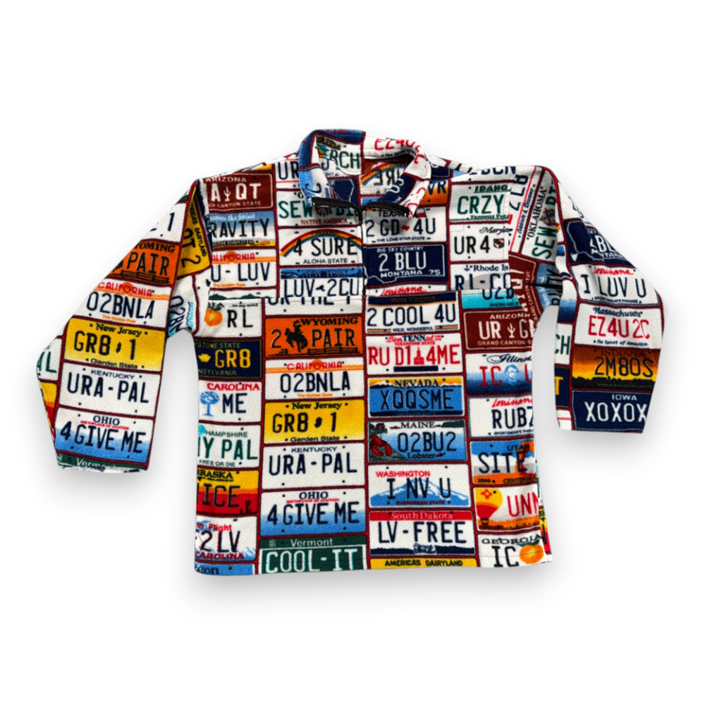 Vintage Sweater Adult LARGE White License Plates Novelty States Fleece USA 90s